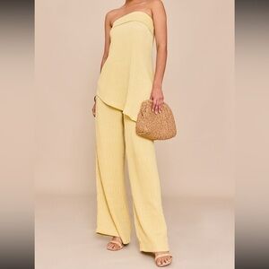 NWT. PLL LEMON BANDEAU ASYMMETRIC DRAPE DETAIL TOP + WIDE LEG PANT SET